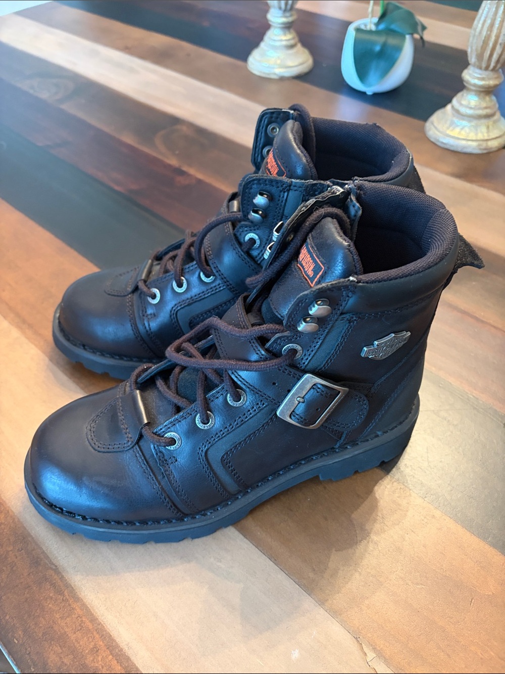 Harley-Davidson Dark Brown Kids Lace-Up Leather Boots with Buckle